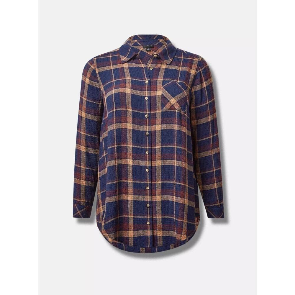 Torrid Lizzie Crinkle Flannel Gauze Button Up Tunic Navy Plaid Plus Size 3 3X - Picture 11 of 13